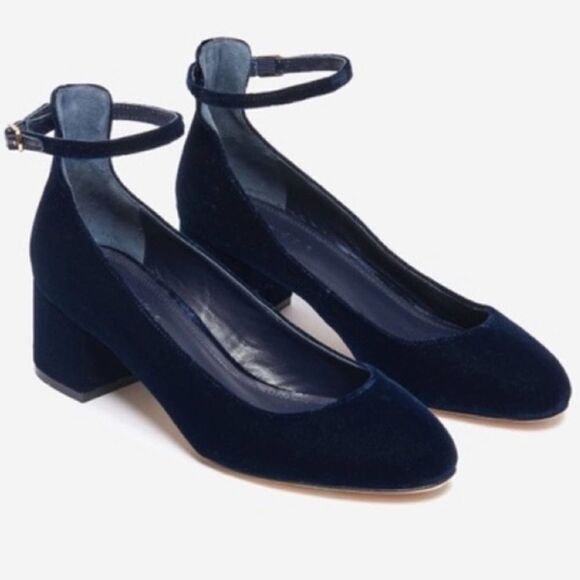 Sandro Paris Navy Velvet Block Heel Round Toe 7 - Picture 1 of 5